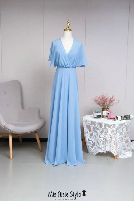 Blue Chiffon Boho Bridesmaid Dress