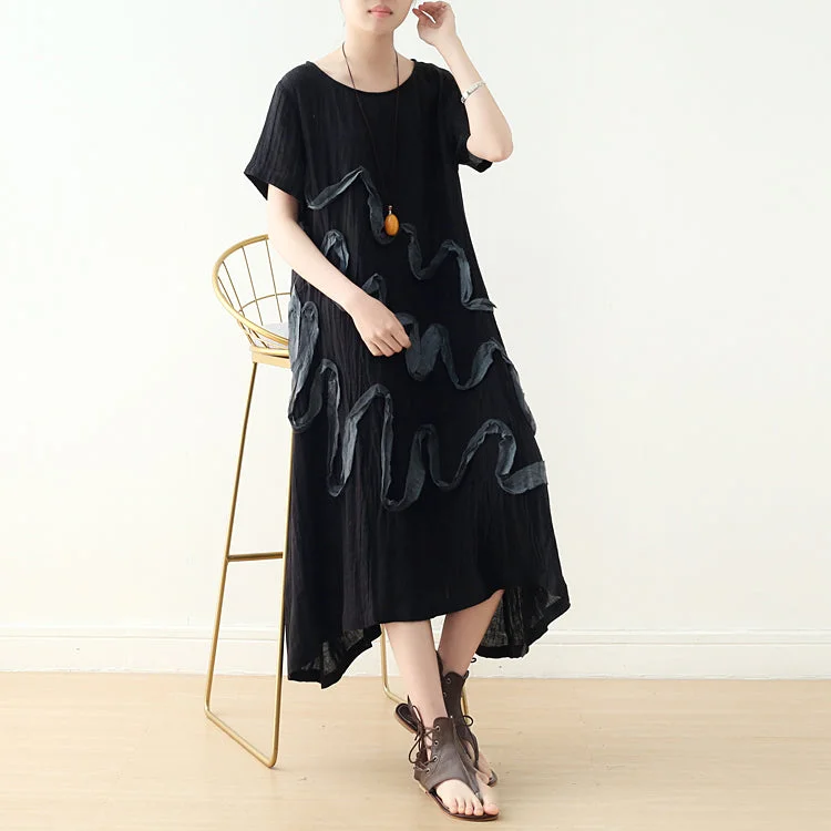 Black Applique Casual Summer Women Dresses Asymmetric Loose Shift Women Dresses AMT962322