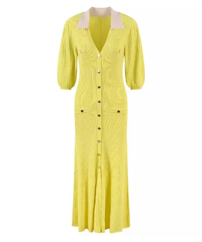 Collared Knit Button Down Dress In Yellow