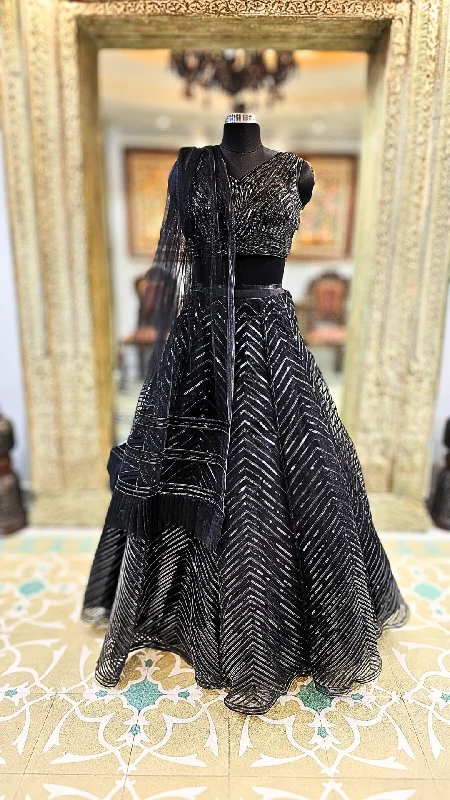 Black Net Lehenga Choli With Leather Work