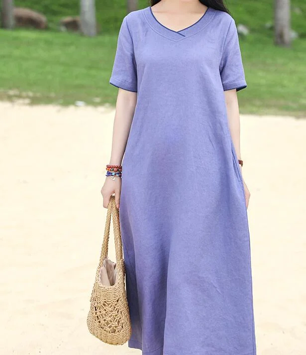 Purple V Neck Women Dresses Ramie Casual Spring Linen Women Dresses MN97215