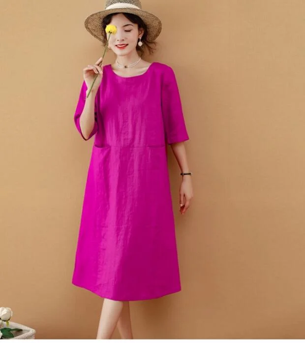 Rose Red Women Dresses Ramie Casual Spring Linen Women Dresses MN97215