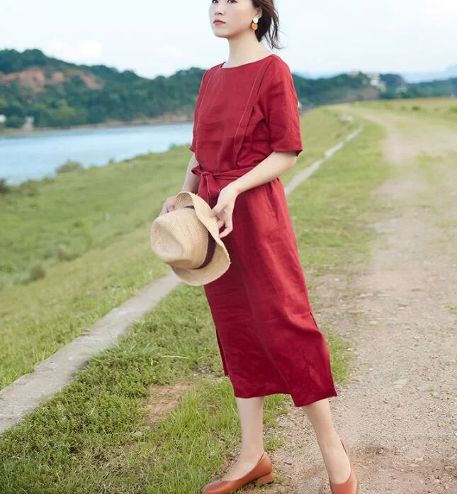 Slit Red Linen Women Dress O Neck Half Sleeve Women Linen Dresses S90921