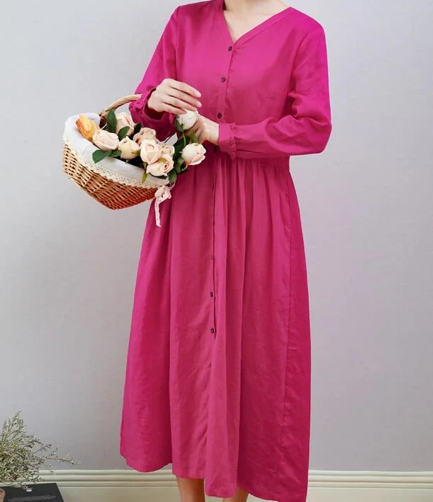 V Neck Women Dresses Ramie Casual Spring Linen Women Dresses MN97215