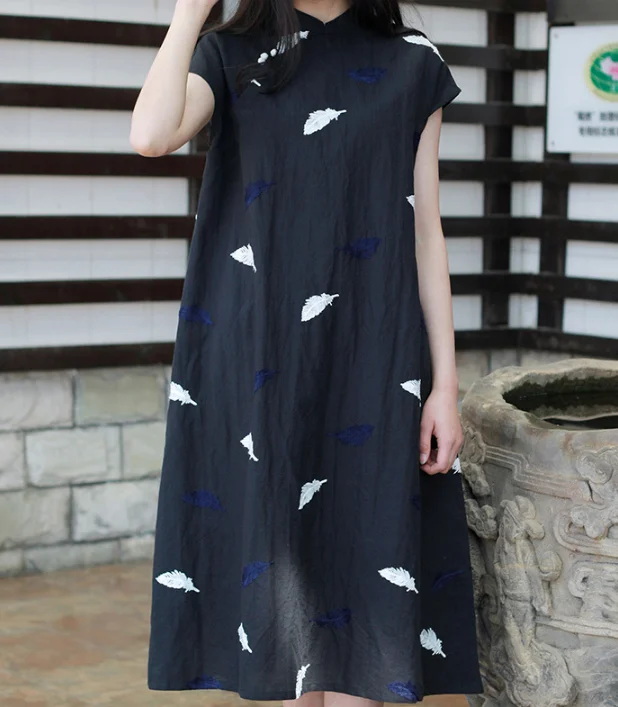 Embroidery Feather Linen O Neck Women Dress