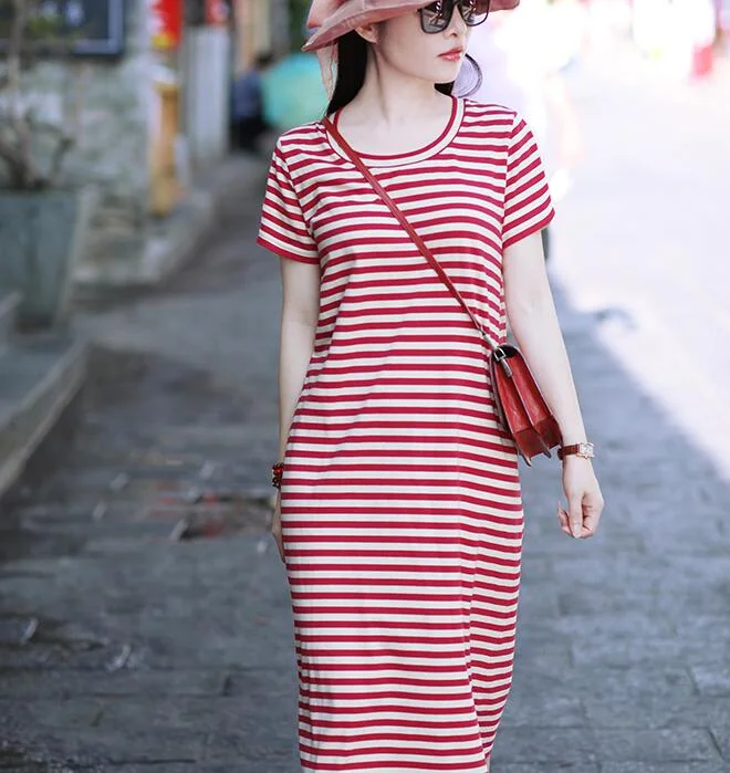 Striped Women Dresses Ramie Casual Spring Linen Women Dresses SSM97215