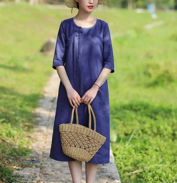 Navy Blue Women Dresses Casual Summer Linen Women Dresses Hand Made ButtonsSSM97215