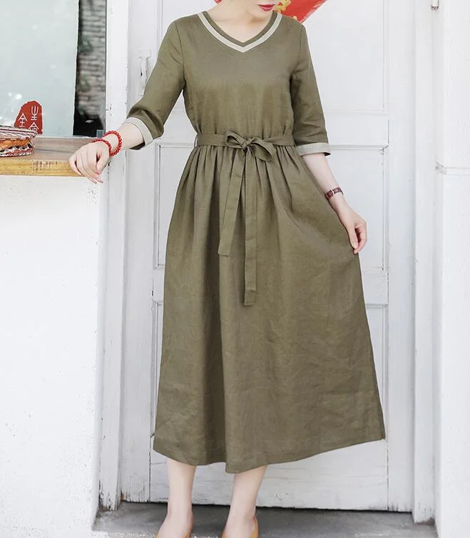 Army Green  Women Dresses Ramie Casual Spring Linen Women Dresses SSM97215