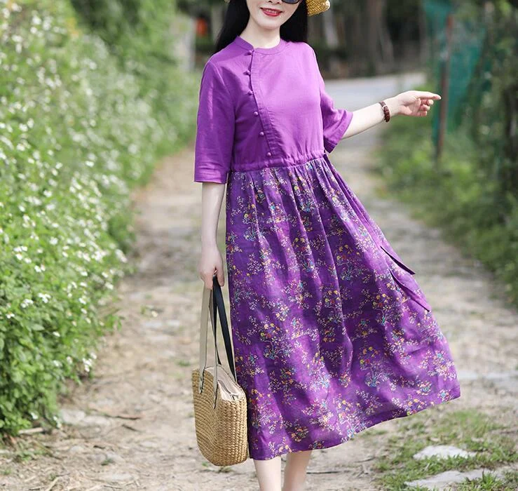 Purple Patchwork Women Dresses Casual Spring Linen Women Dresses Half Sleeve SSM97215