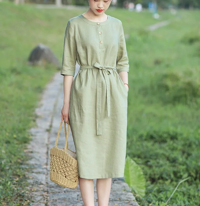 O Neck Women Dresses Casual Summer Linen Women Dresses Half Sleeve SSM97215