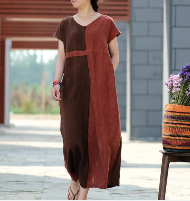 Contrast Color Linen High Waist Summer Women Dress SJ9201229