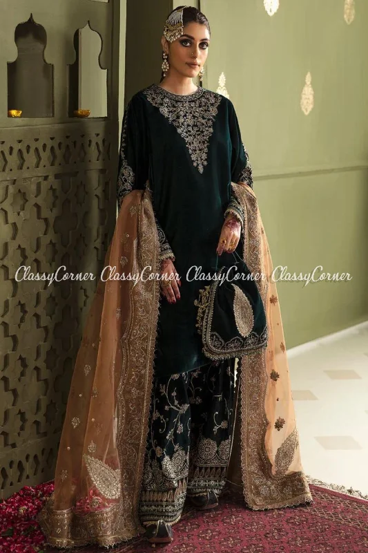 Dark Green Peach Velvet Embroidered Salwar Kameez