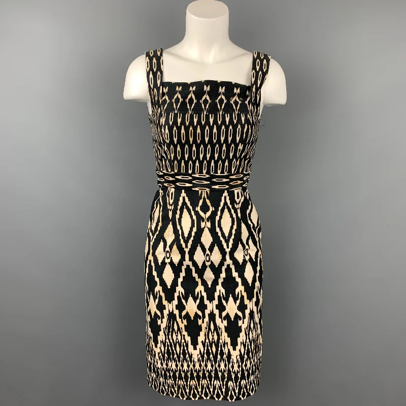 DAVID MEISTER Size 2 Black & Beige Ikat Cotton Sleeveless Dress