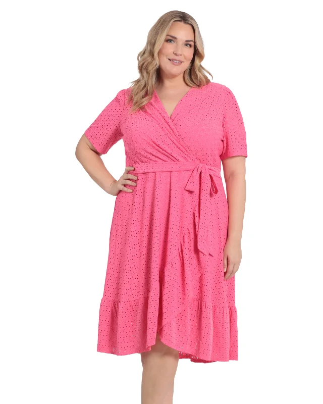 Diamond dot embroidered ruffle wrap dress | Hot Pink