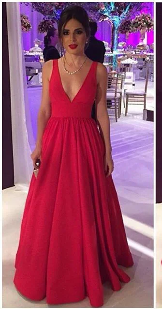 Elegant A-line V-neckline Red Satin Evening Dress