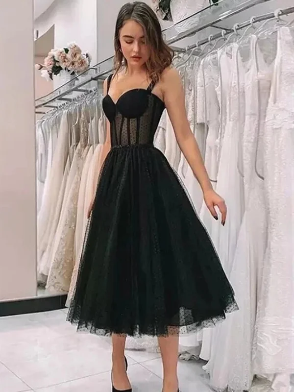 Elegant Sweetheart Neck Tea Length Black Prom Dresses, Sweetheart Neck Black Formal Graduation Homecoming Dresses