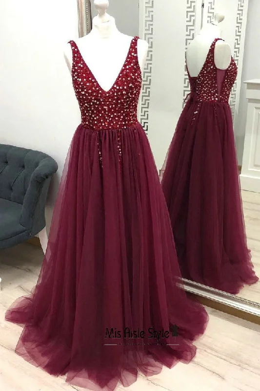 Elegant V-neckline Burgundy Beaded Prom Dress