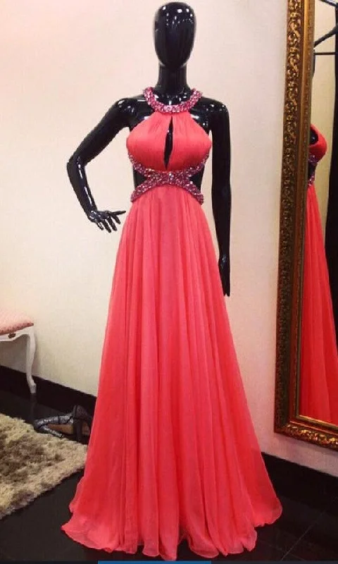 Fashion Sexy Open Back Beaded Coral Prom Dress