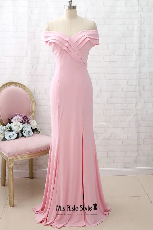 Fit and Flare Off Shoulder Sleeve Pink Prom Dress