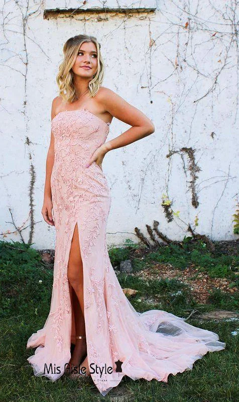 Fit-Flare Split Blush Pink Prom Dress