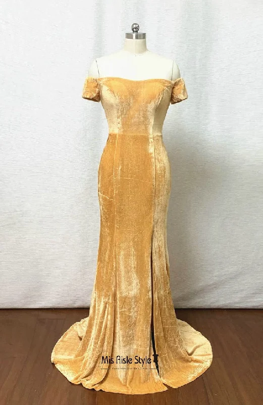 Fitted Yellow Velvet Evening Dress