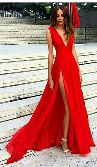 Floor Length Sexy Split V-neck Red Evening Dress