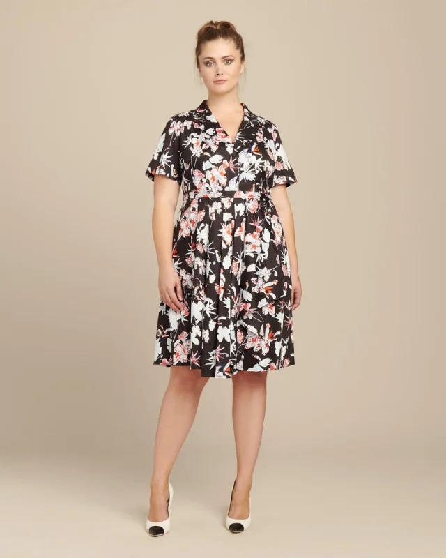 Floral Print Cotton Short Sleeve Day Dress | Black Multi