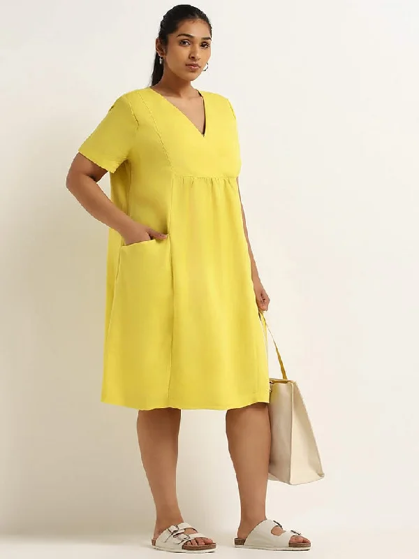 Gia Yellow Knee-Length Blended Linen A-Line Dress