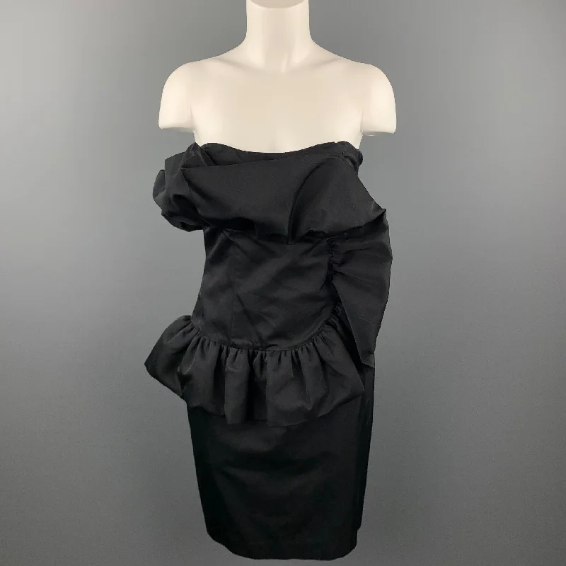 GIAMBATTISTA VALLI Size 8 Black Cotton Silk Ruffled Strapless Dress