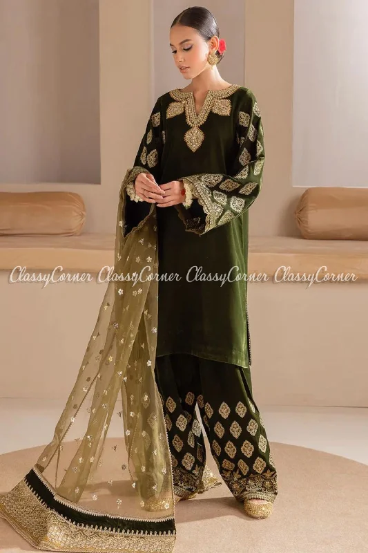 Green Golden Embroidered Velvet Pakistani Salwar Kameez