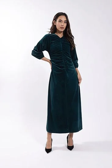 GREEN VELVET RUCHED DRESS