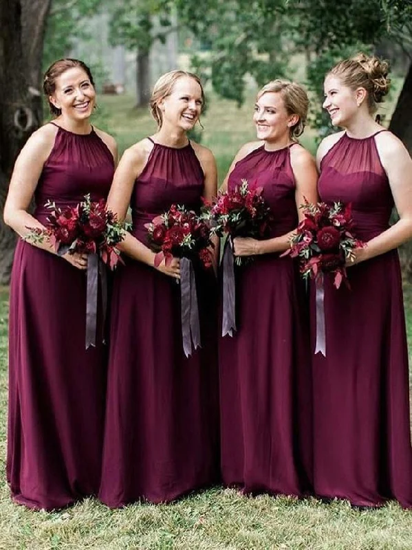 Halter Neckline Deep Burgundy Chiffon Bridesmaid Dress