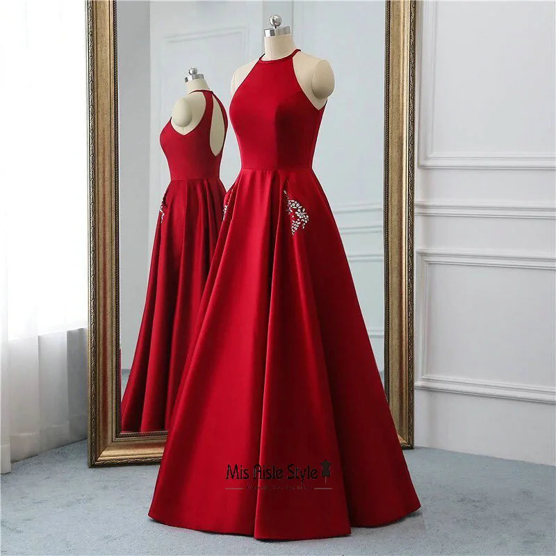 Halter Neckline Deep Red Prom Dress