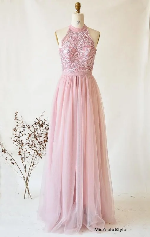 Halter Neckline Dusty Pink Bridesmaid Dress