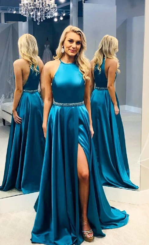 Halter Neckline Slit Prom Dress