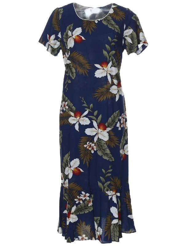 Hanapepe Navy Hawaiian Dress with Sleeves