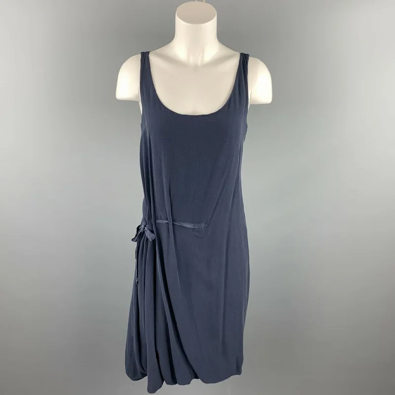 HANNOH Size 2 Navy Chiffon Silk / Cotton Gathered Tie Dress