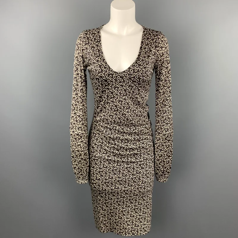 HERION Size 4 Taupe Jersey Dot Print Silk Scoop Neck Dress