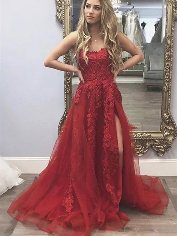 High Side Slit Burgundy Long Prom Dresses, Lace Floral A-line 2021 Prom Dresses