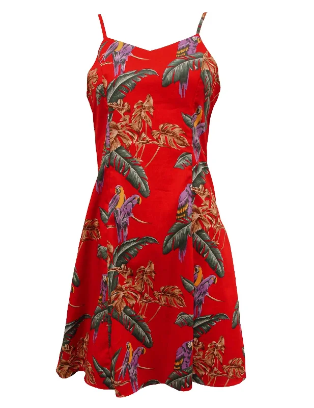 Jungle Bird Parrots Spaghetti Straps Red Hawaiian Dress