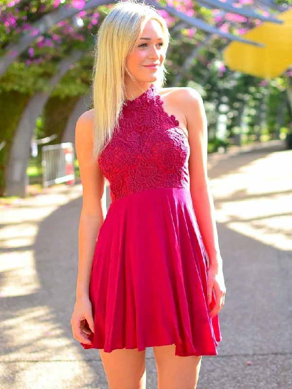 Knee Length Halter Neckline Fuchsia Homecoming Dress