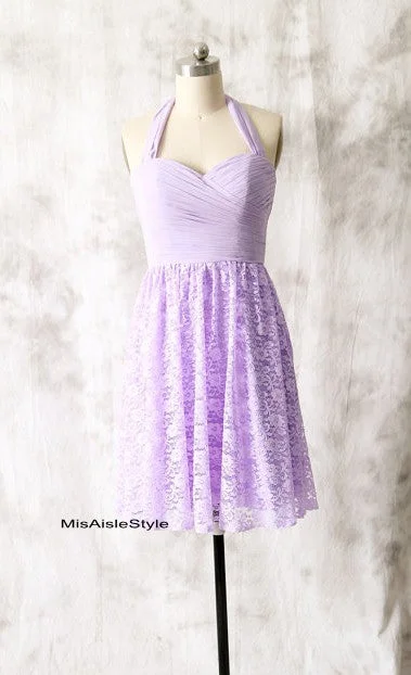 Knee Length Halter Neckline Lilac Bridesmaid Dress