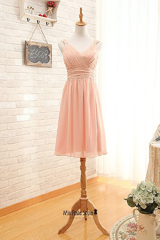 Knee Length V-neck Blush Bridesmaid Dress