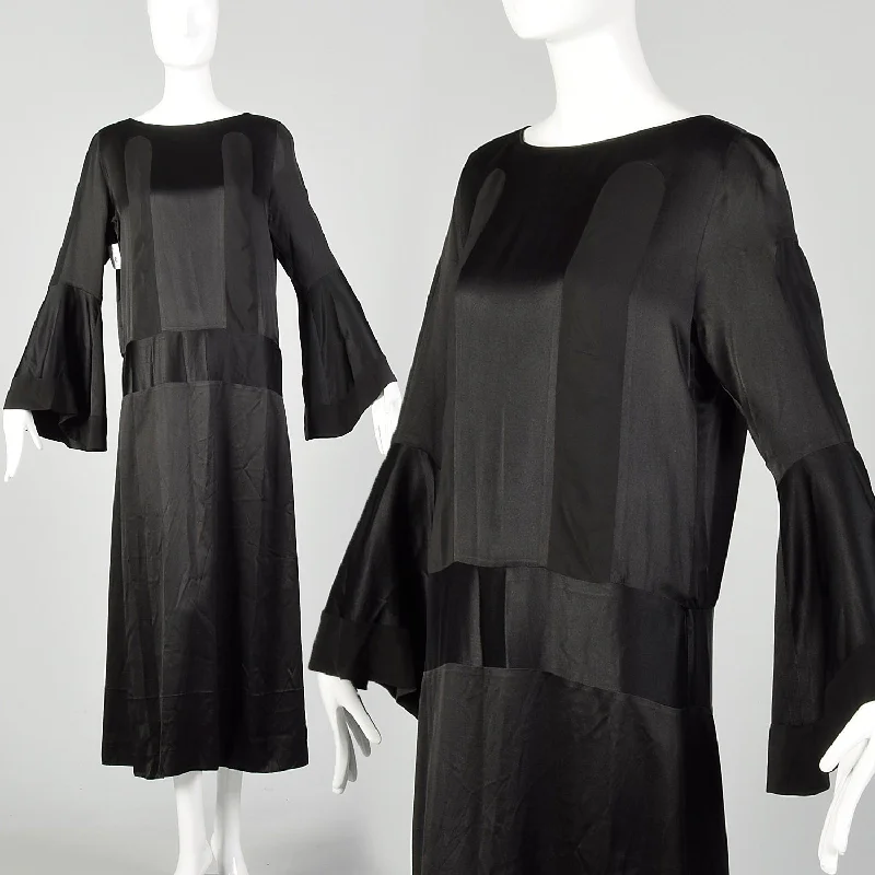 Large 1920s Silk Dress Black on Black Art Deco Trumpet Bell Sleeve Evening Gown