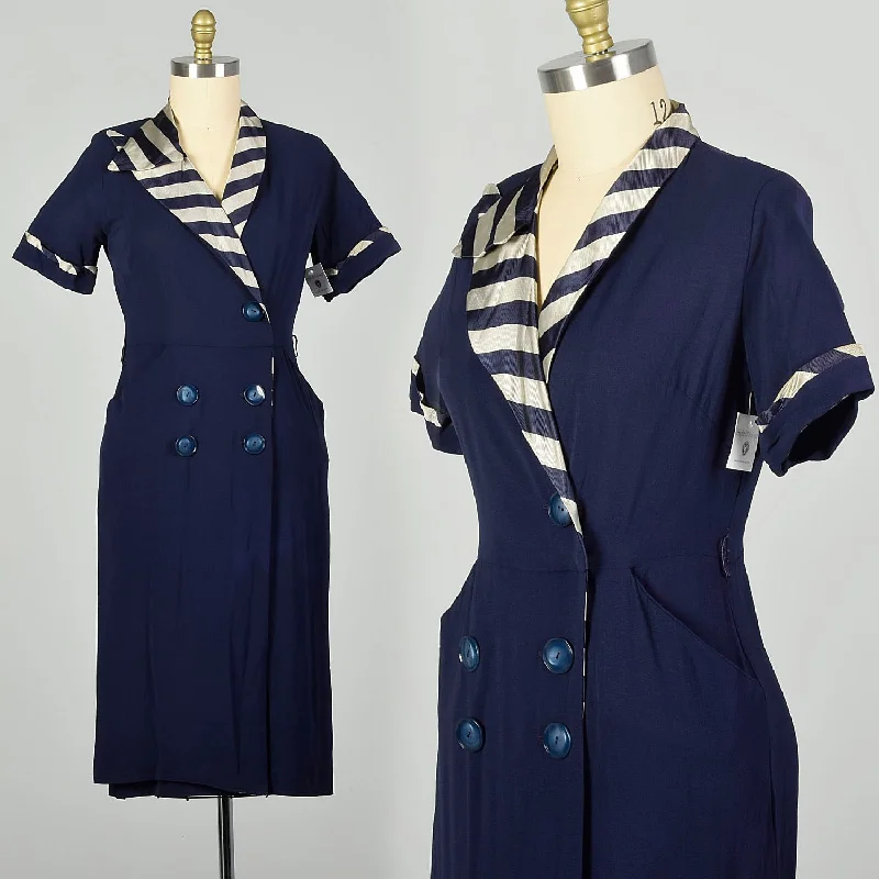 Large 1950s Asymmetric Dress Navy Striped Collar Day Dress Summer Casual