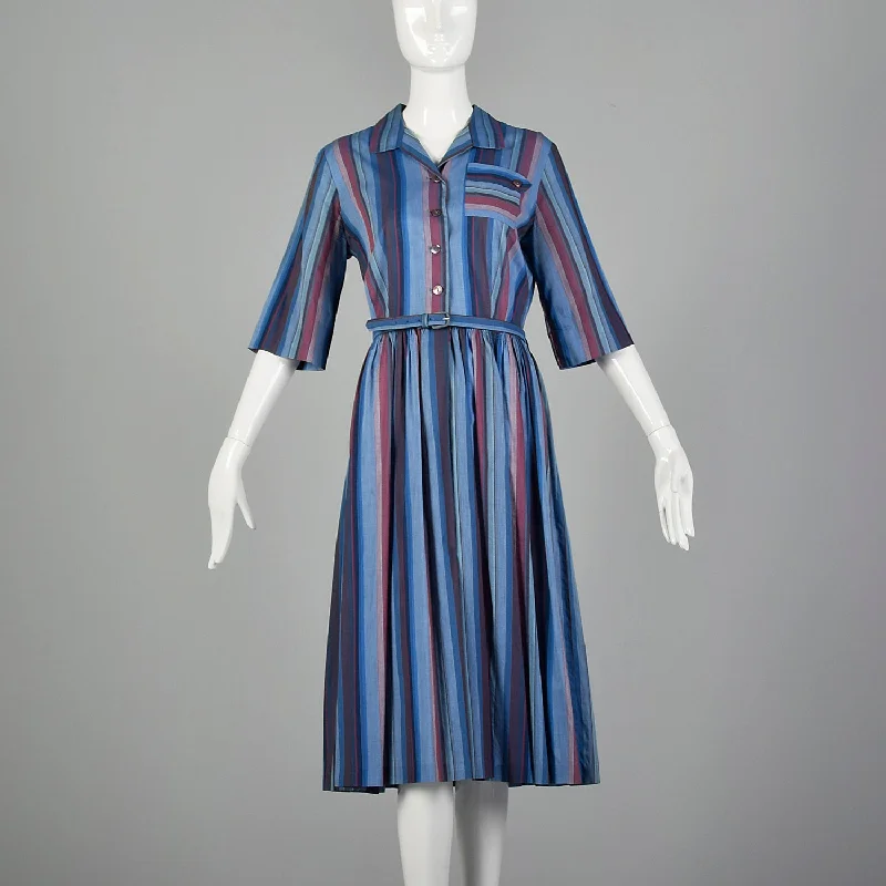 Large 1950s Blue Striped Cotton Day Dress