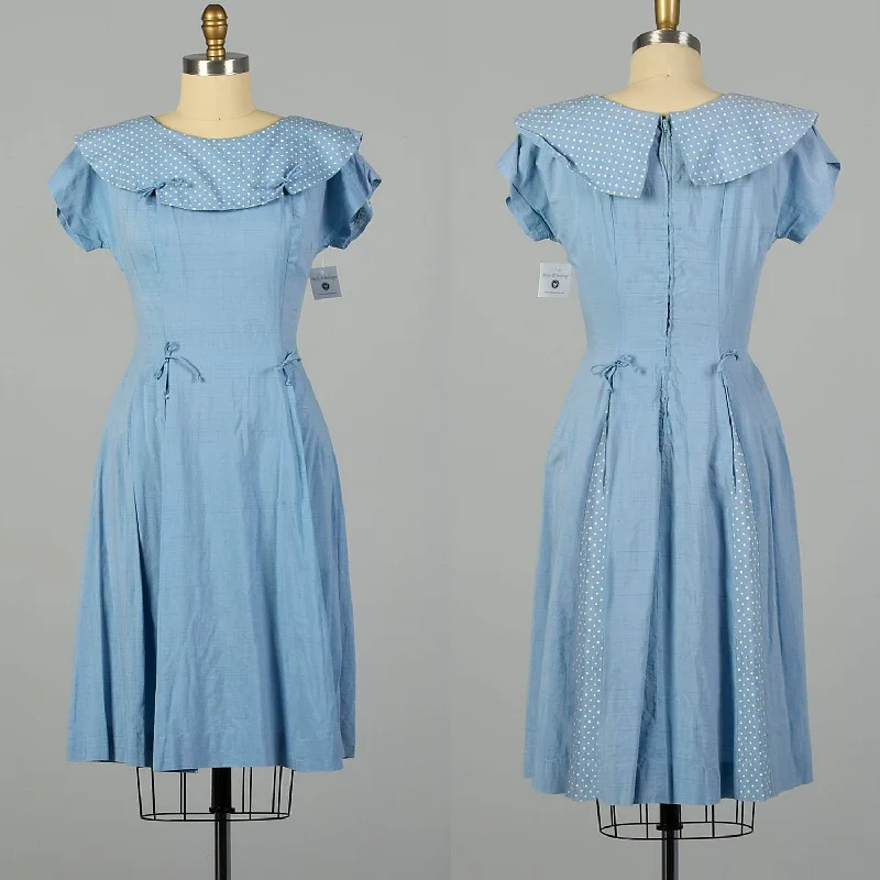 Large 1950s Dress Blue Swiss Dot Collar Casual Day Dress