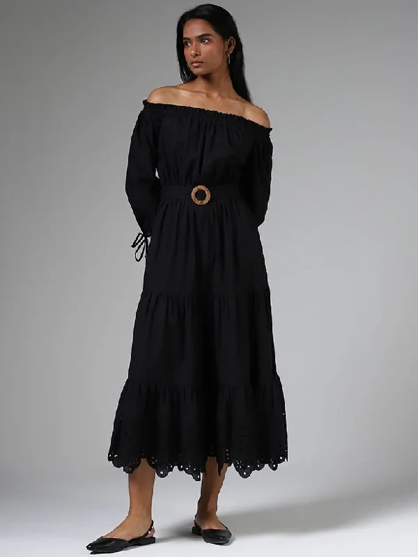 LOV Black Off Shoulder Tiered Dress with Belt