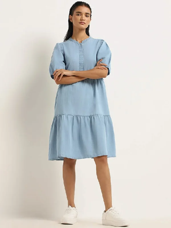 LOV Blue Cotton Tiered Dress