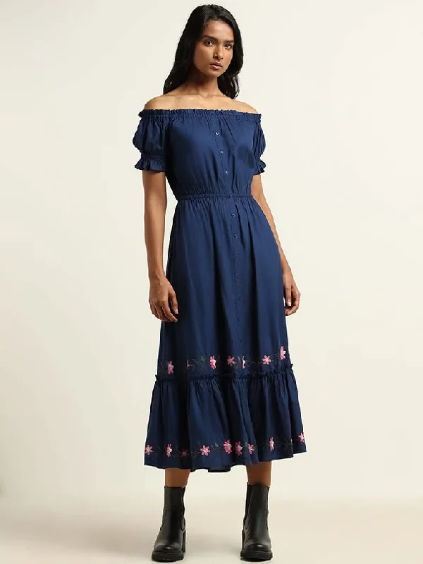 LOV Navy Cotton Off Shoulder Dress